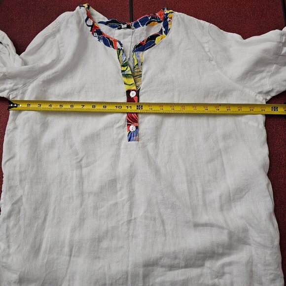 John Mark White Popover Linen Tunic 1X V-neck Blouson Sleeve Tropical Floral - Picture 7 of 12